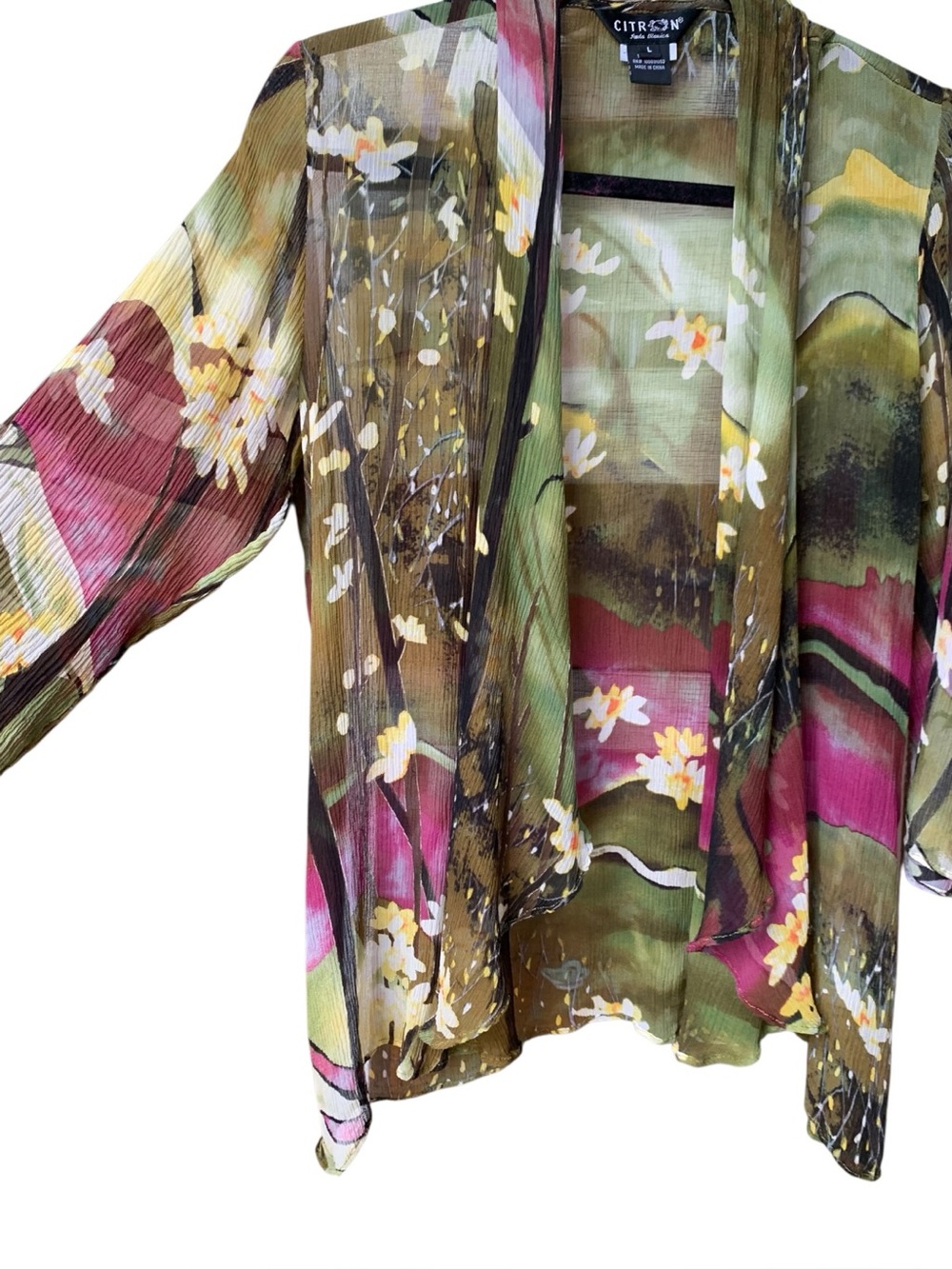 Citron Santa Monica 100% Silk Floral Kimono Cardigan Landscape Watercolor Large - Picture 3 of 13